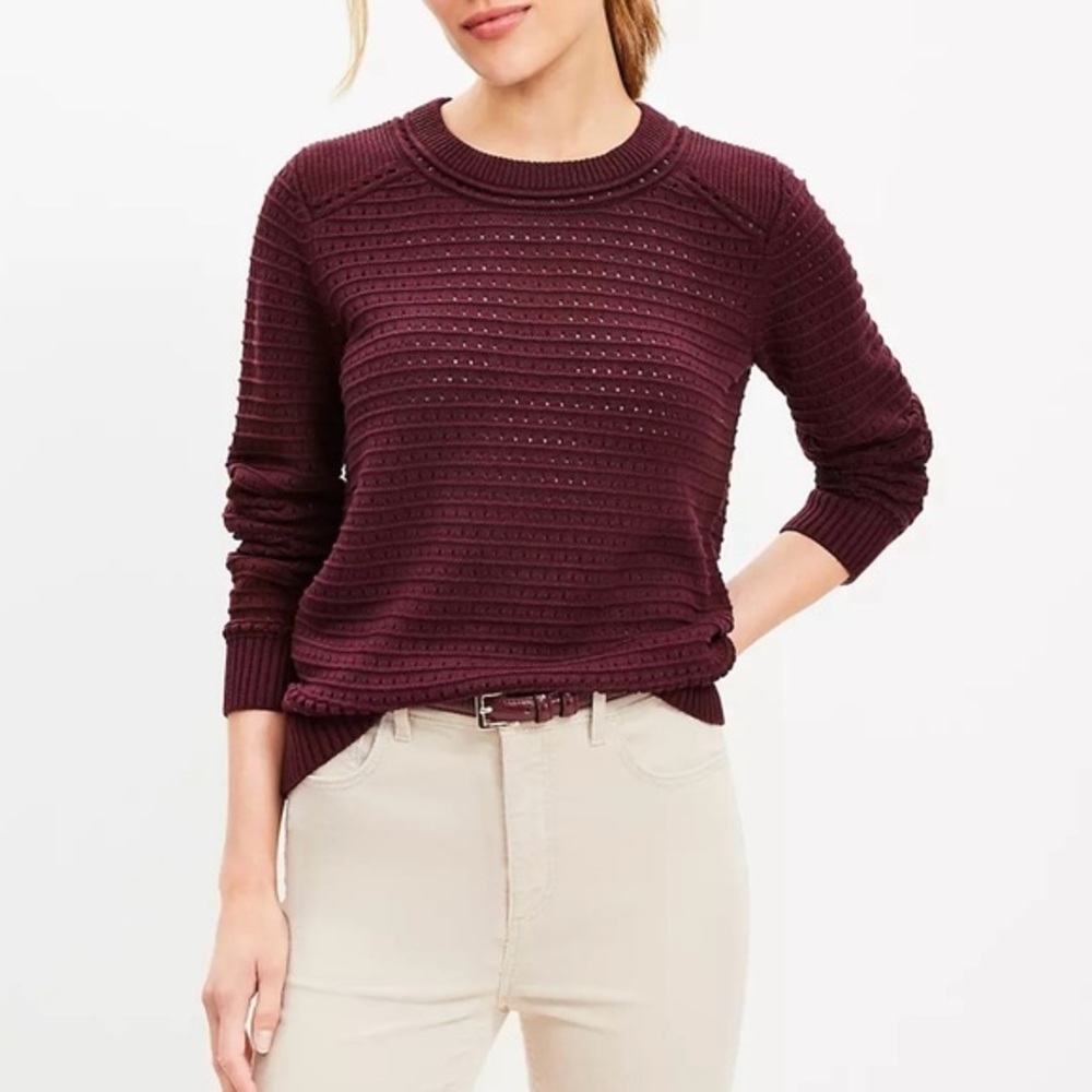 Loft Burgundy Ottoman Pointelle Open Knit Cotton Crewneck  Pullover Sweatshirt M